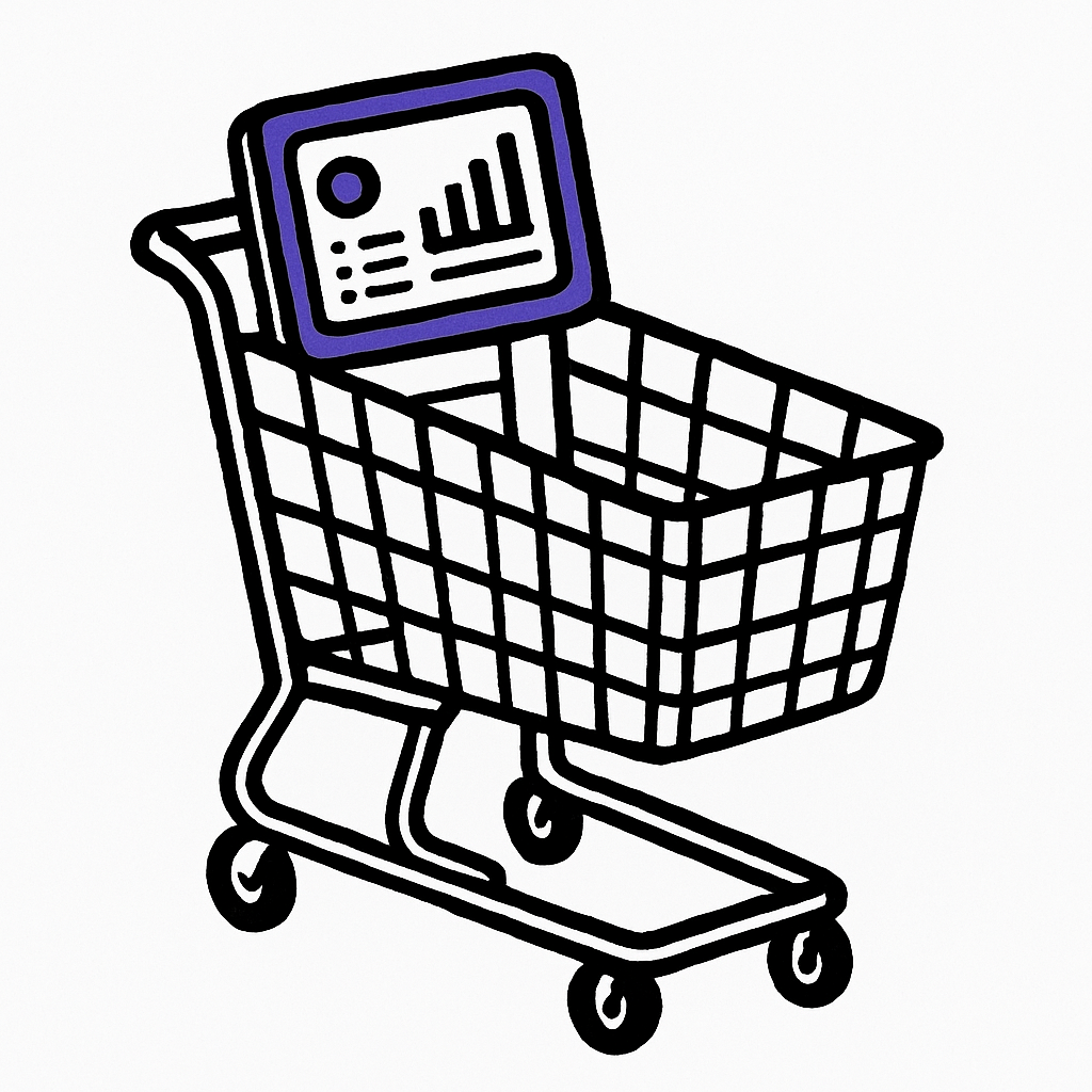 A shopping cart with digital interface showing savings tracker