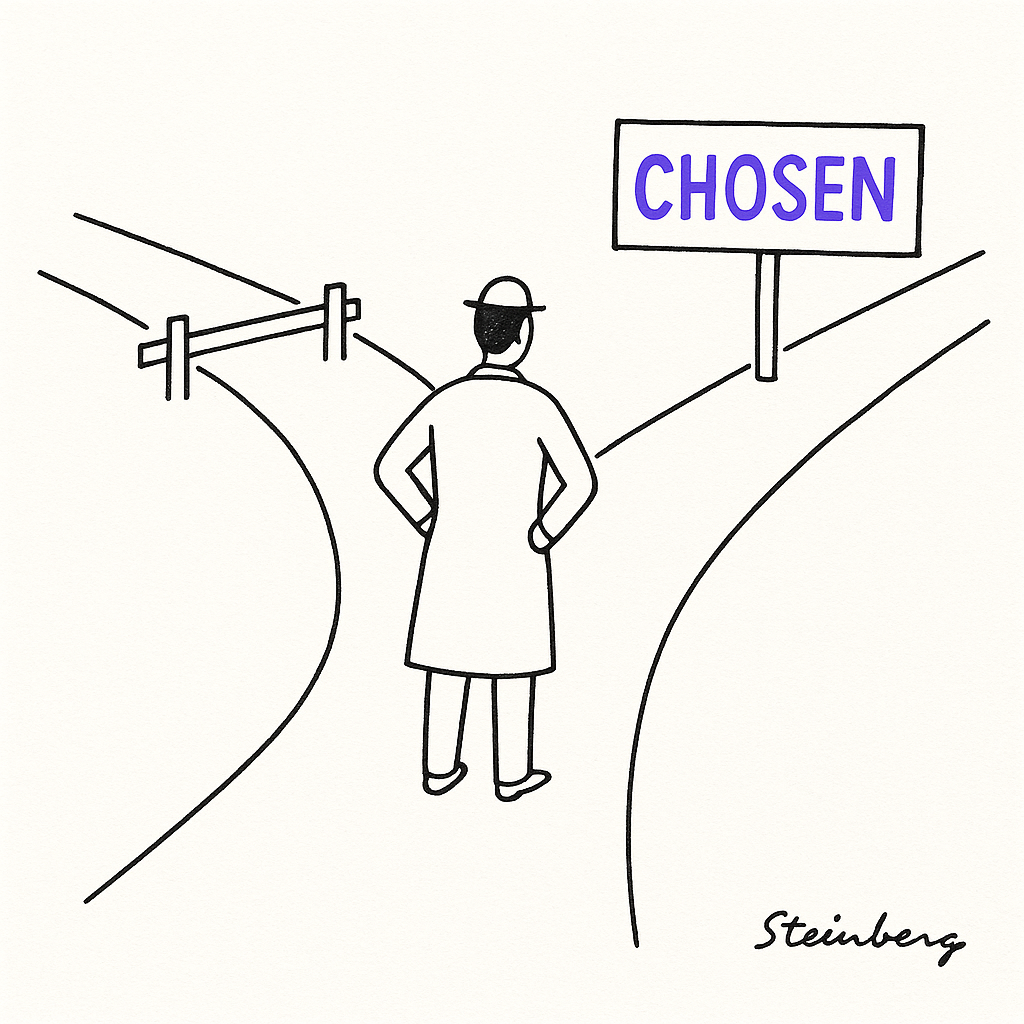 A person standing at a crossroads, but one path is blocked off with a clear "CHOSEN" sign on the other