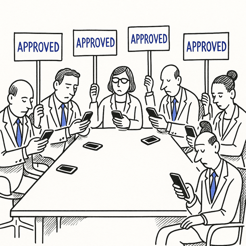 A boardroom where executives hold up signs saying "APPROVED" while looking at their phones