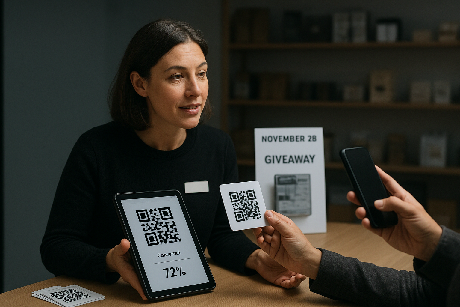 Head of Retail and CMO run Nov 28 in-store giveaway, measuring QR redemptions and conversion uplift.