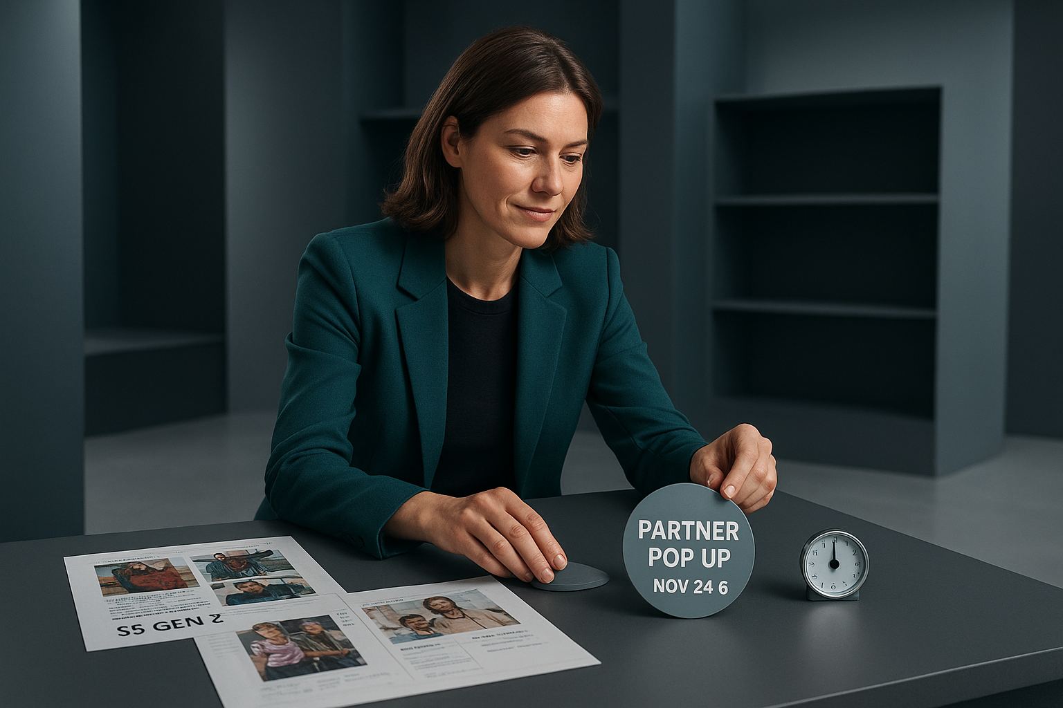 Head of Retail placing partner pop-up token, choosing collab-led test with QR activation